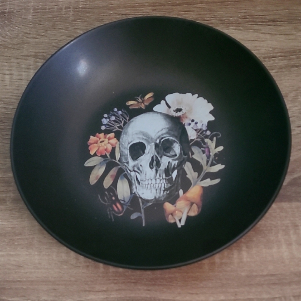 Gothic Romantic Skull / Floral Bee Beetle And Mushroom Decorative Stoneware Bowl